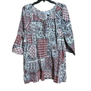 Catherines Top Women 1X Multicolor Paisley Boho Print Cotton Short Sleeve Blouse